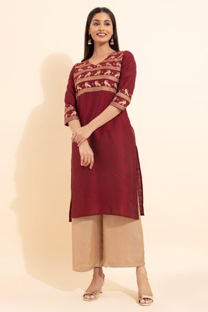 Bird Motif Printed Kurta - Maroon