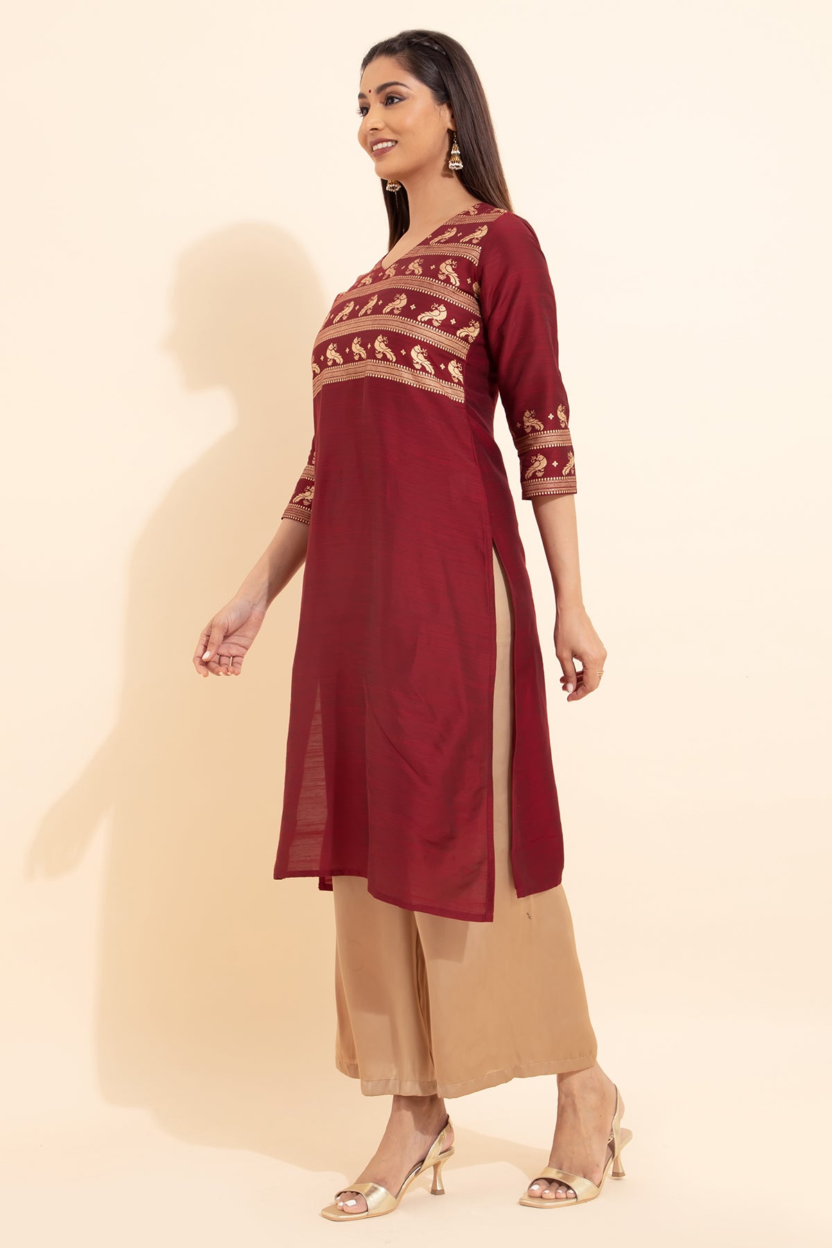 Bird Motif Printed Kurta - Maroon