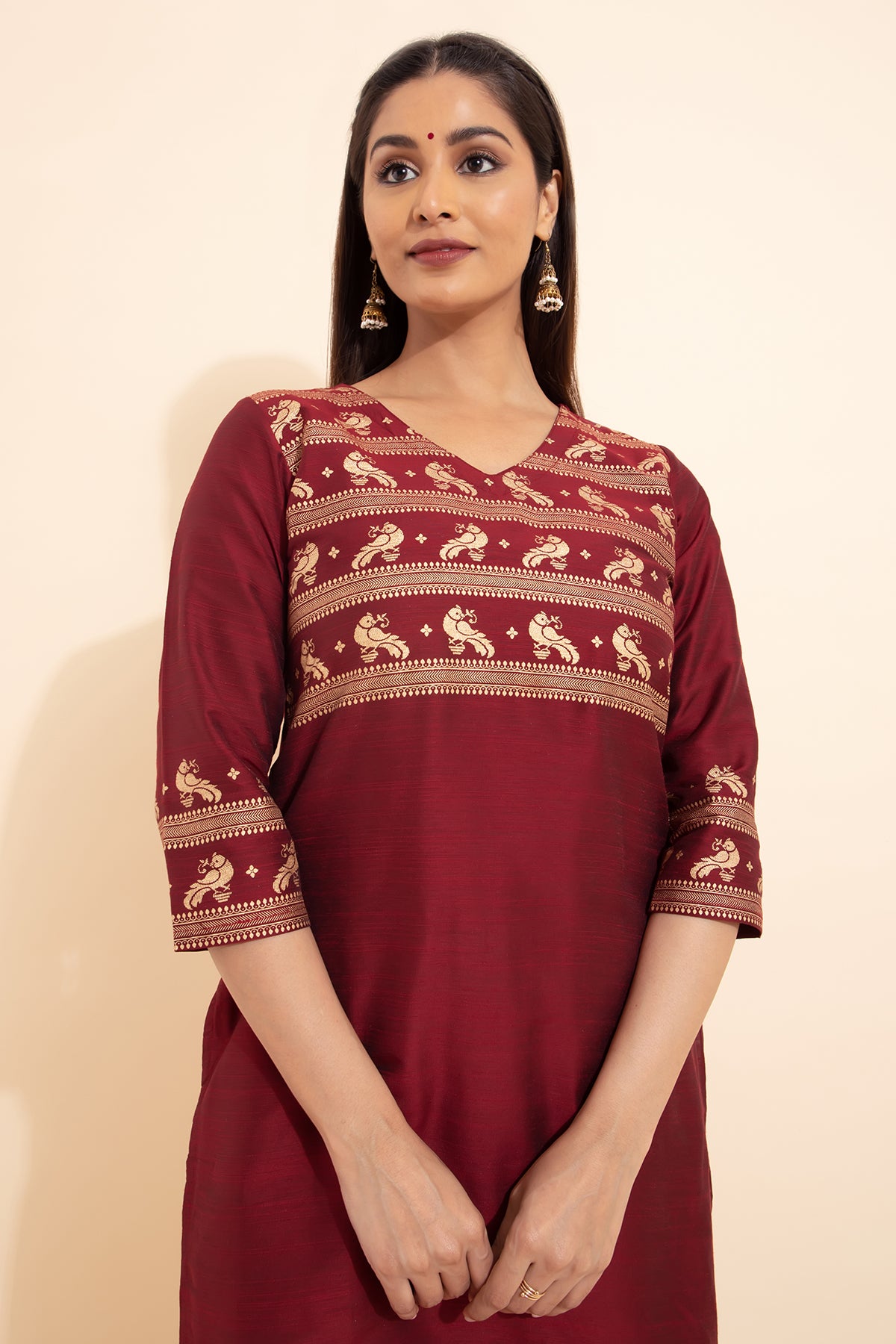 Bird Motif Printed Kurta - Maroon