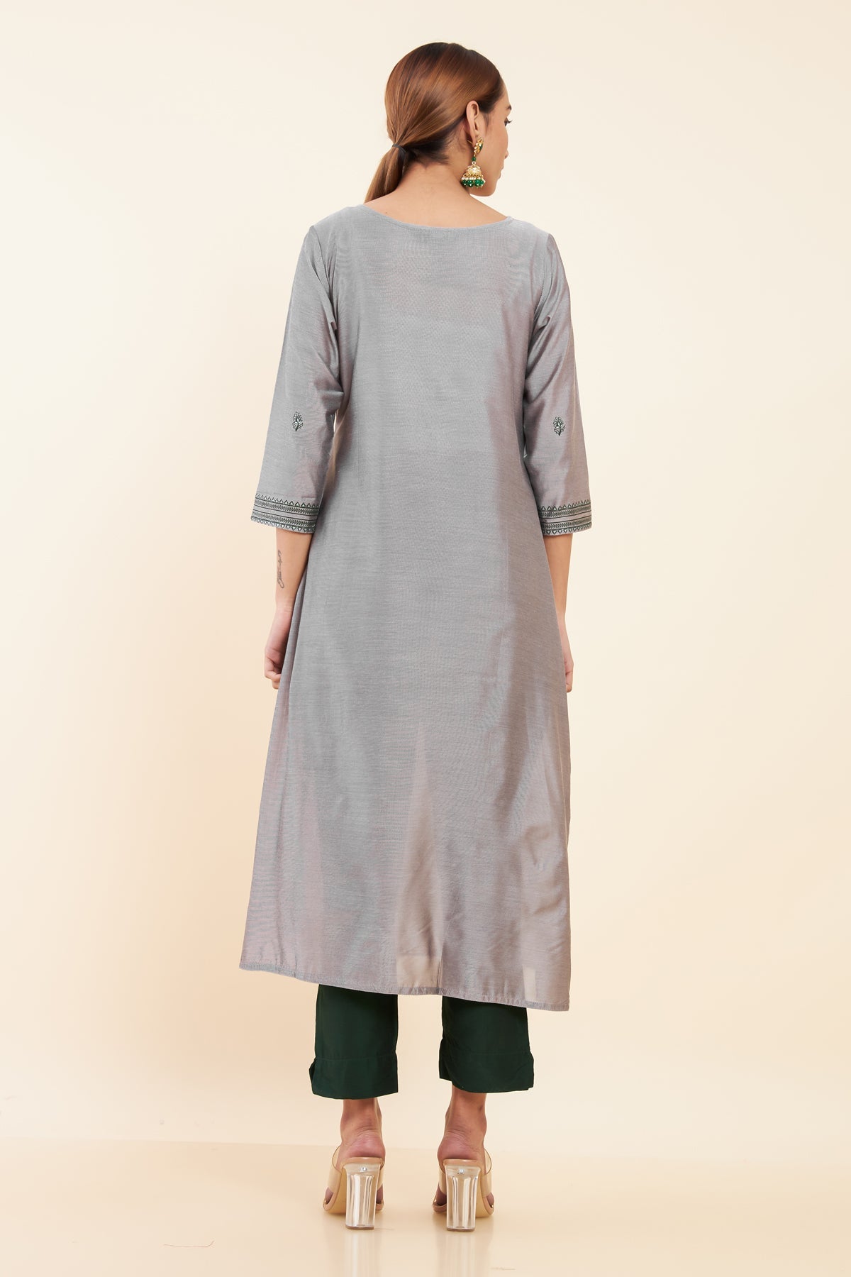 Instrument Inspired Peacock Motif Printed Kurta Grey