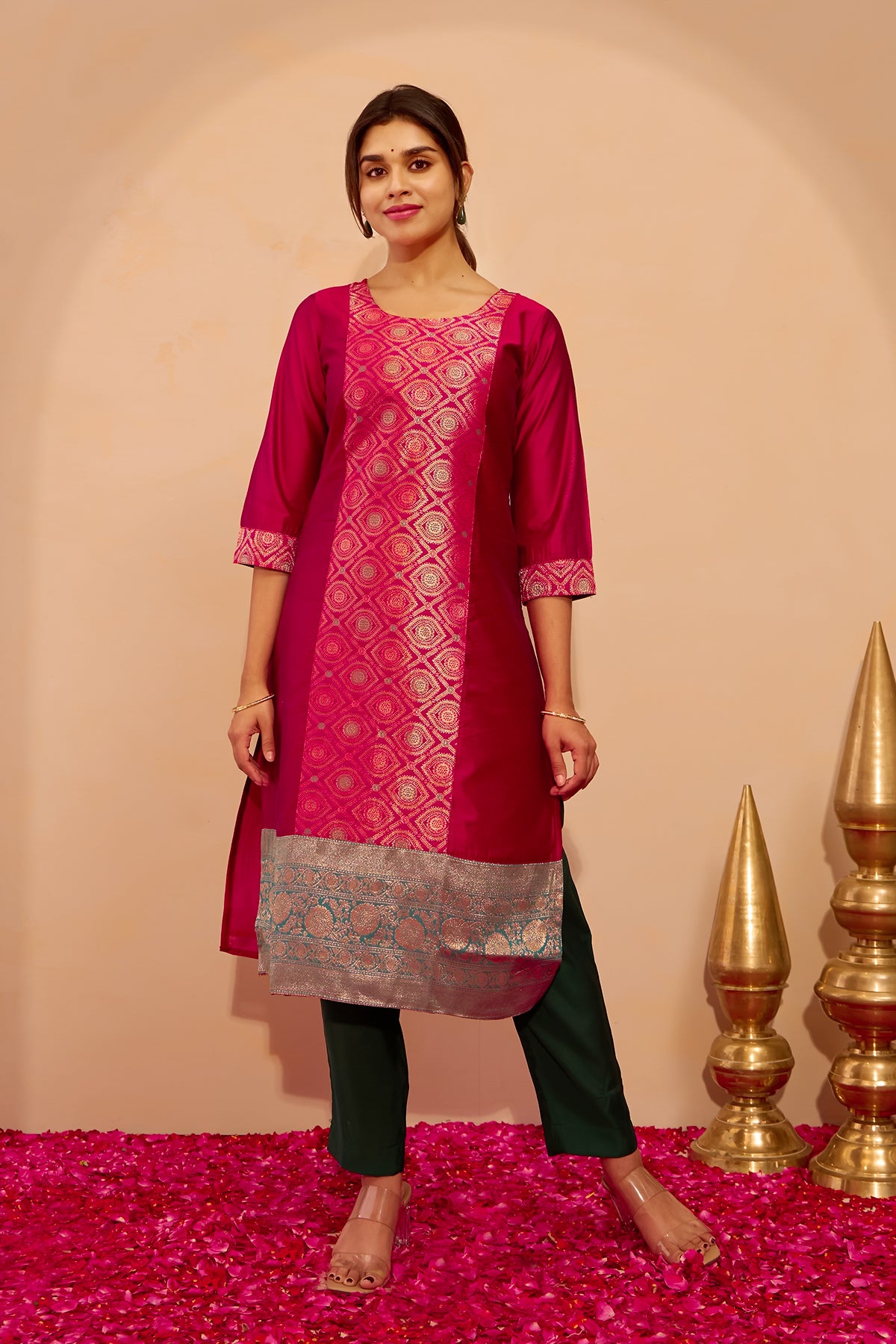 Brocade Patchwork Kurta with Zari Border - Pink
