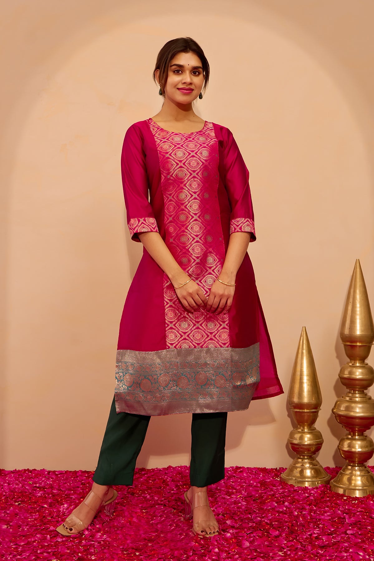 Brocade Patchwork Kurta with Zari Border - Pink