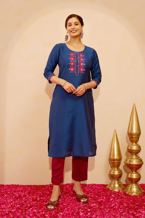 Floral Embroidered & Foil Mirror Embellished Kurta - Blue
