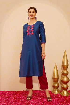 Floral Embroidered & Foil Mirror Embellished Kurta - Blue