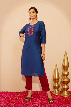 Floral Embroidered & Foil Mirror Embellished Kurta - Blue