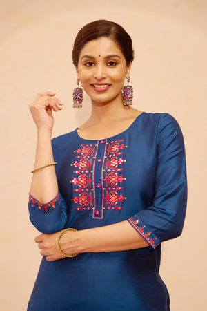 Floral Embroidered & Foil Mirror Embellished Kurta - Blue