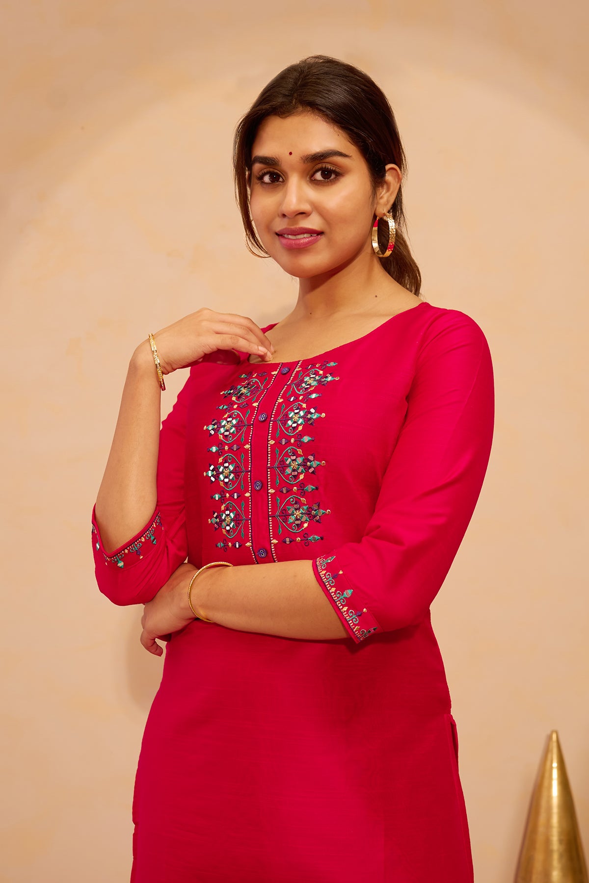 Floral Embroidered & Foil Mirror Embellished Kurta - Pink
