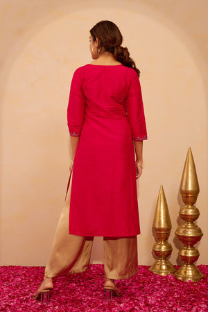 Floral Embroidered & Foil Mirror Embellished Kurta - Pink
