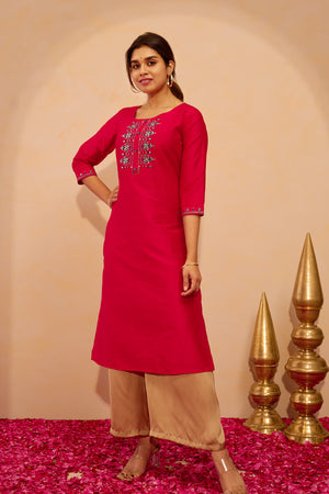 Floral Embroidered & Foil Mirror Embellished Kurta - Pink