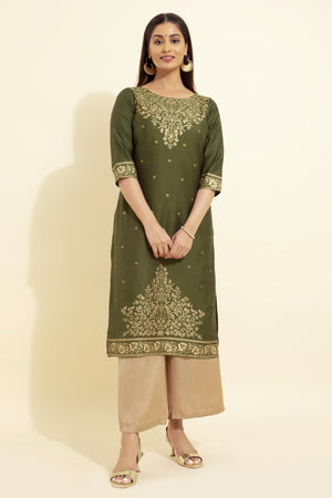 Jewelled Floral Printed Kurta - Olive Green