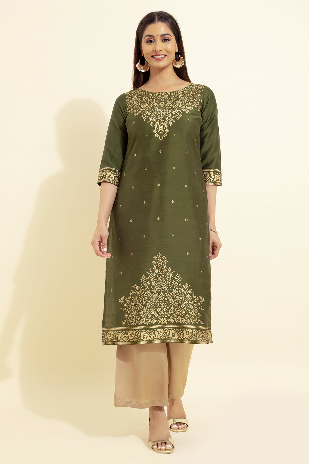 Jewelled Floral Printed Kurta - Olive Green