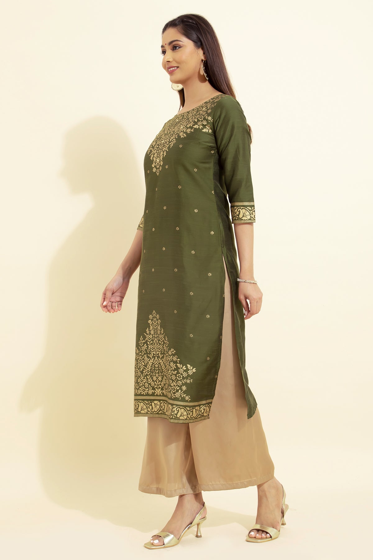 Jewelled Floral Printed Kurta - Olive Green