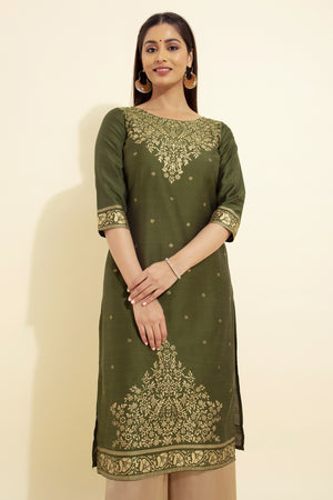 Jewelled Floral Printed Kurta - Olive Green