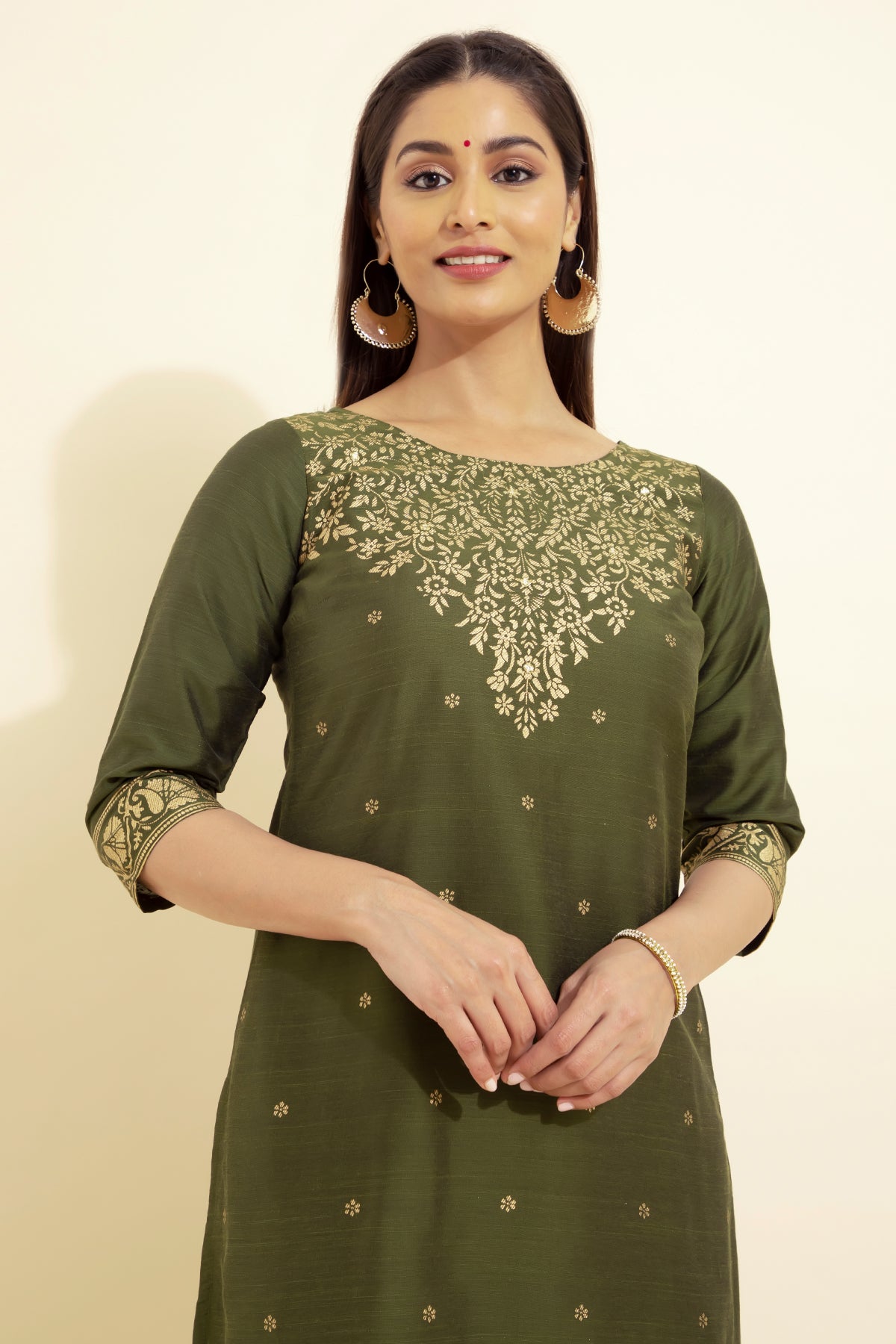 Jewelled Floral Printed Kurta - Olive Green