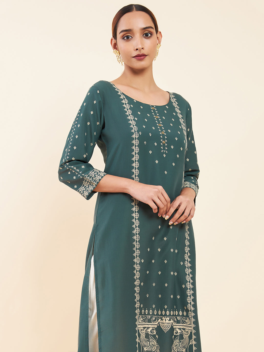 Contrast Temple Motif Printed Kurta Green