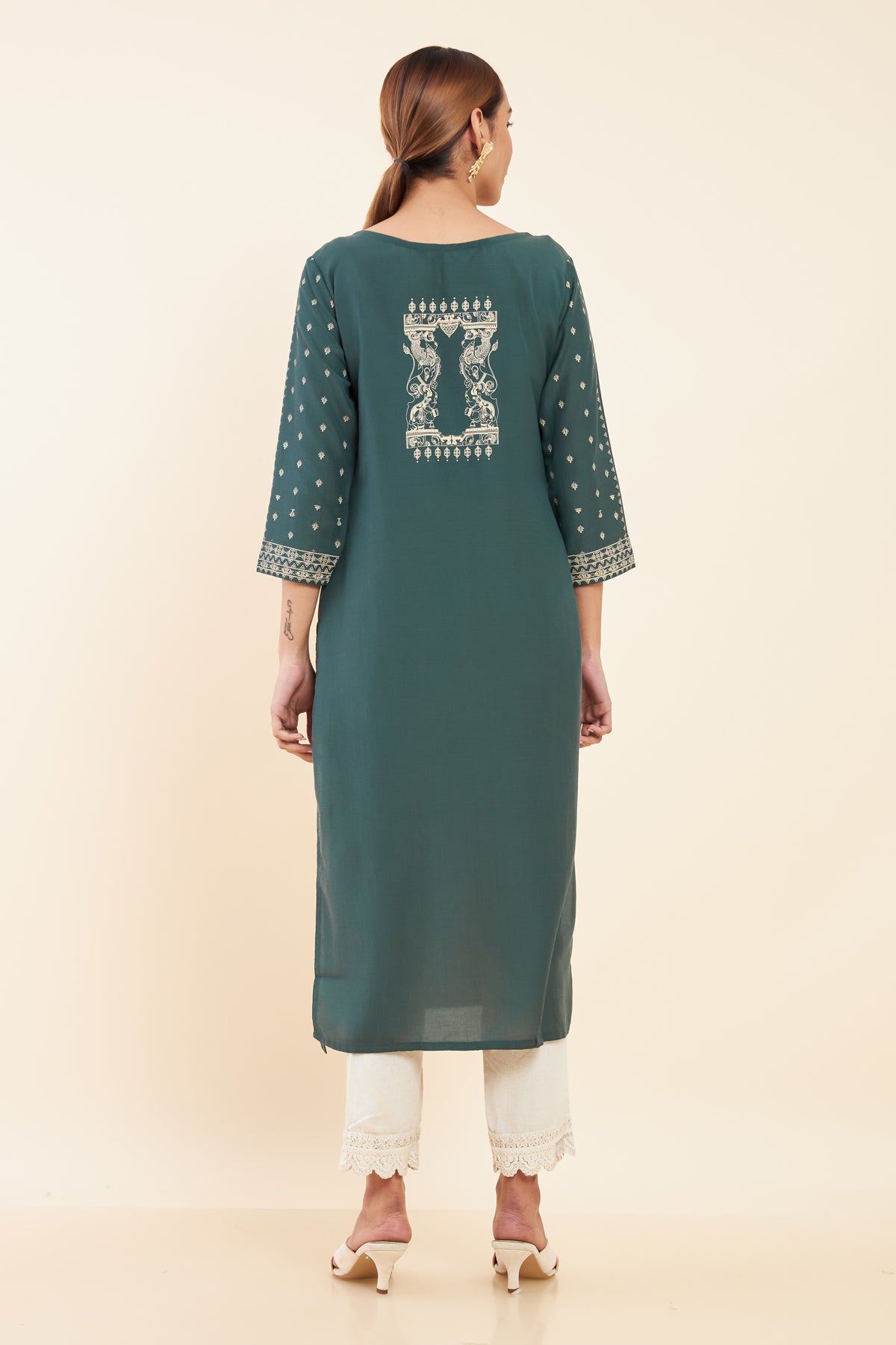 Contrast Temple Motif Printed Kurta Green