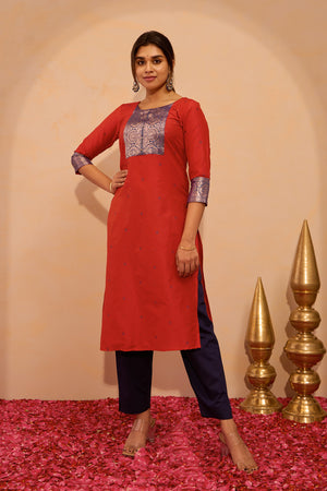 Printed Kurta with Zari Patchwork- Orange
