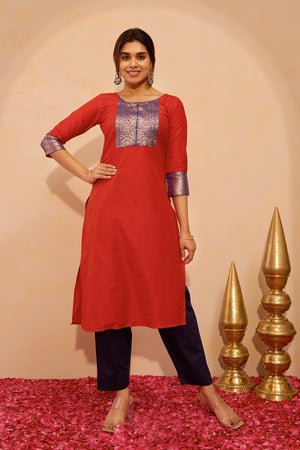 Printed Kurta with Zari Patchwork- Orange