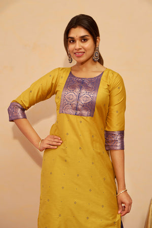 Printed Kurta with Zari Patchwork- Mustard
