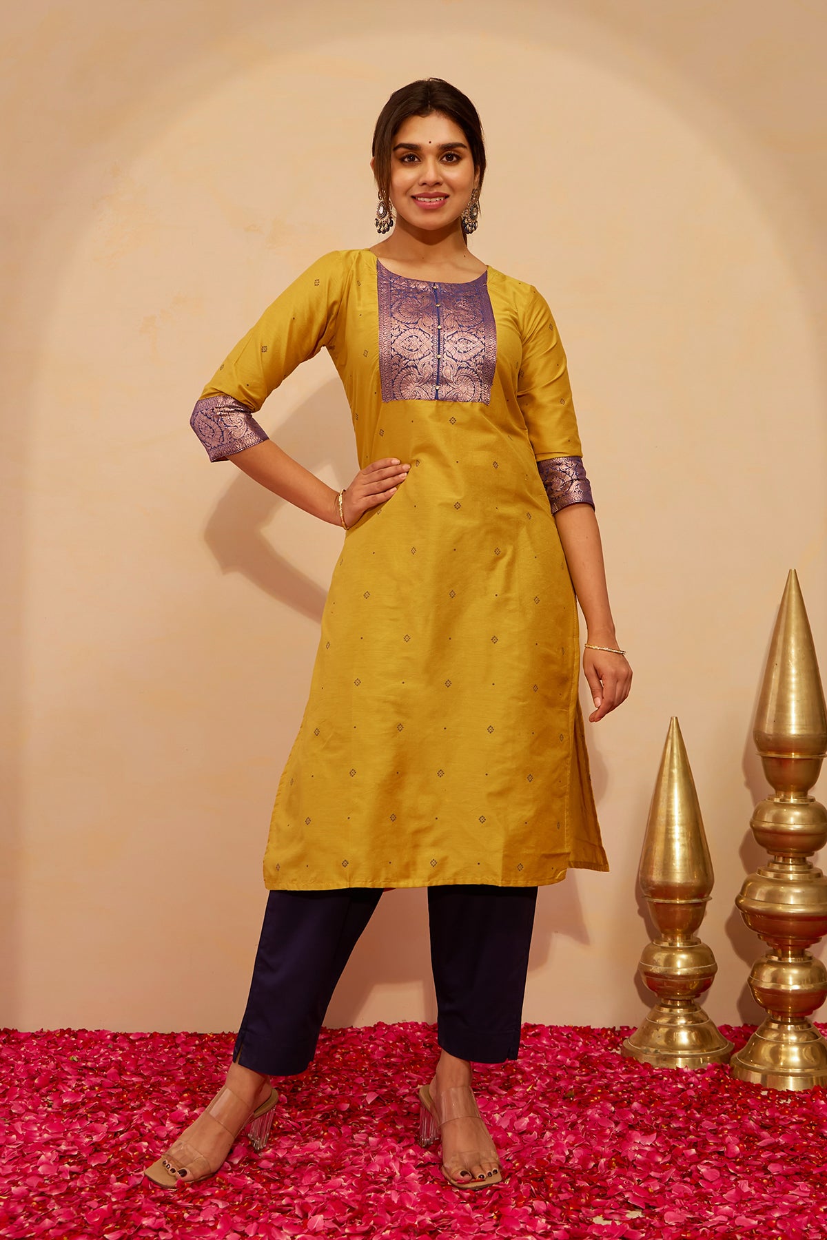 Printed Kurta with Zari Patchwork- Mustard
