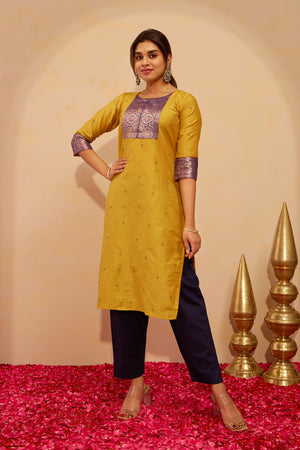 Printed Kurta with Zari Patchwork- Mustard
