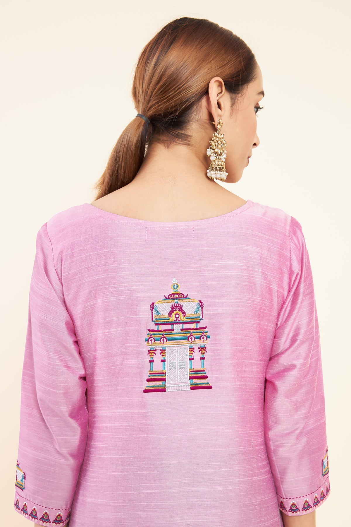 Temple Motif Embroidered Kurta - Pink