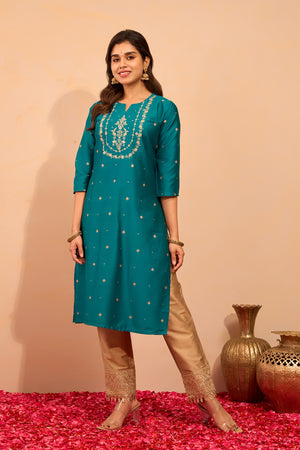 Jewel Inspired Floral Embroidered Kurta - Turquoise
