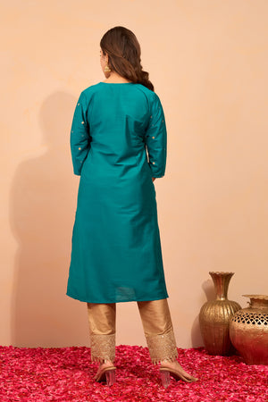 Jewel Inspired Floral Embroidered Kurta - Turquoise
