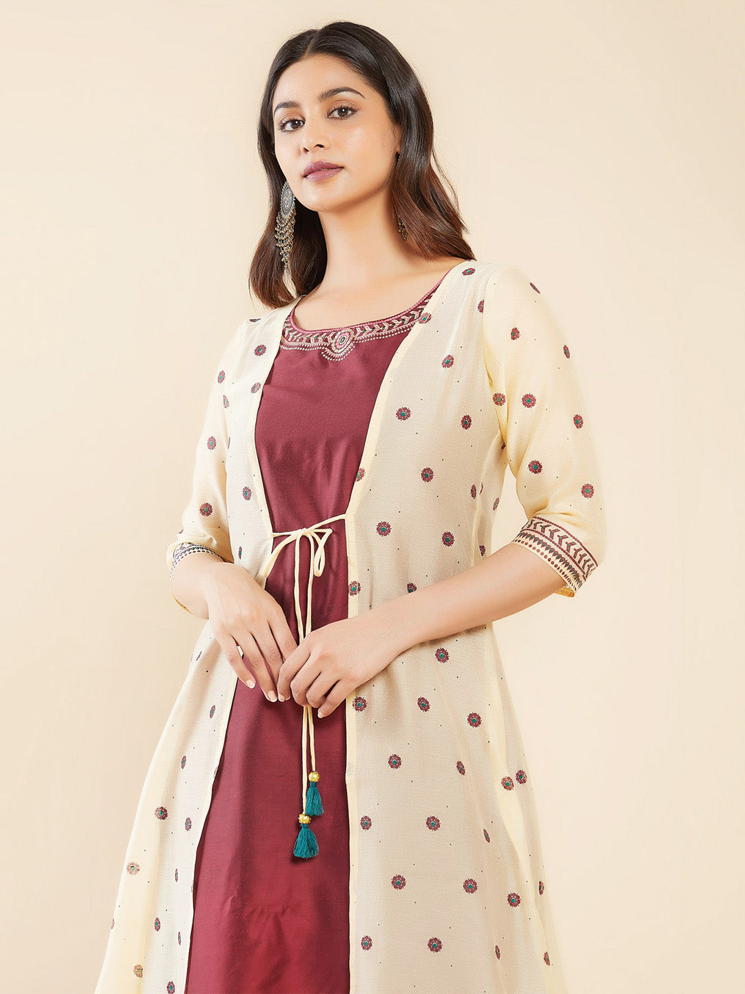 Floral Printed Attached Waist Coat With Geometric Printed Kurta Set Maroon