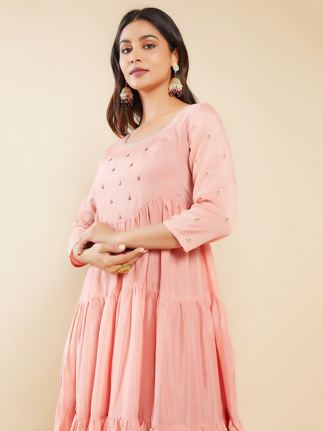 Contrast Foil Mirror Embroidered Tiered A Line Kurta Peach