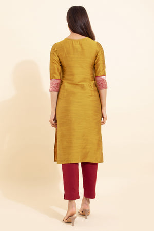 Floral Embroidered Kurta with Zari Border - Mustard