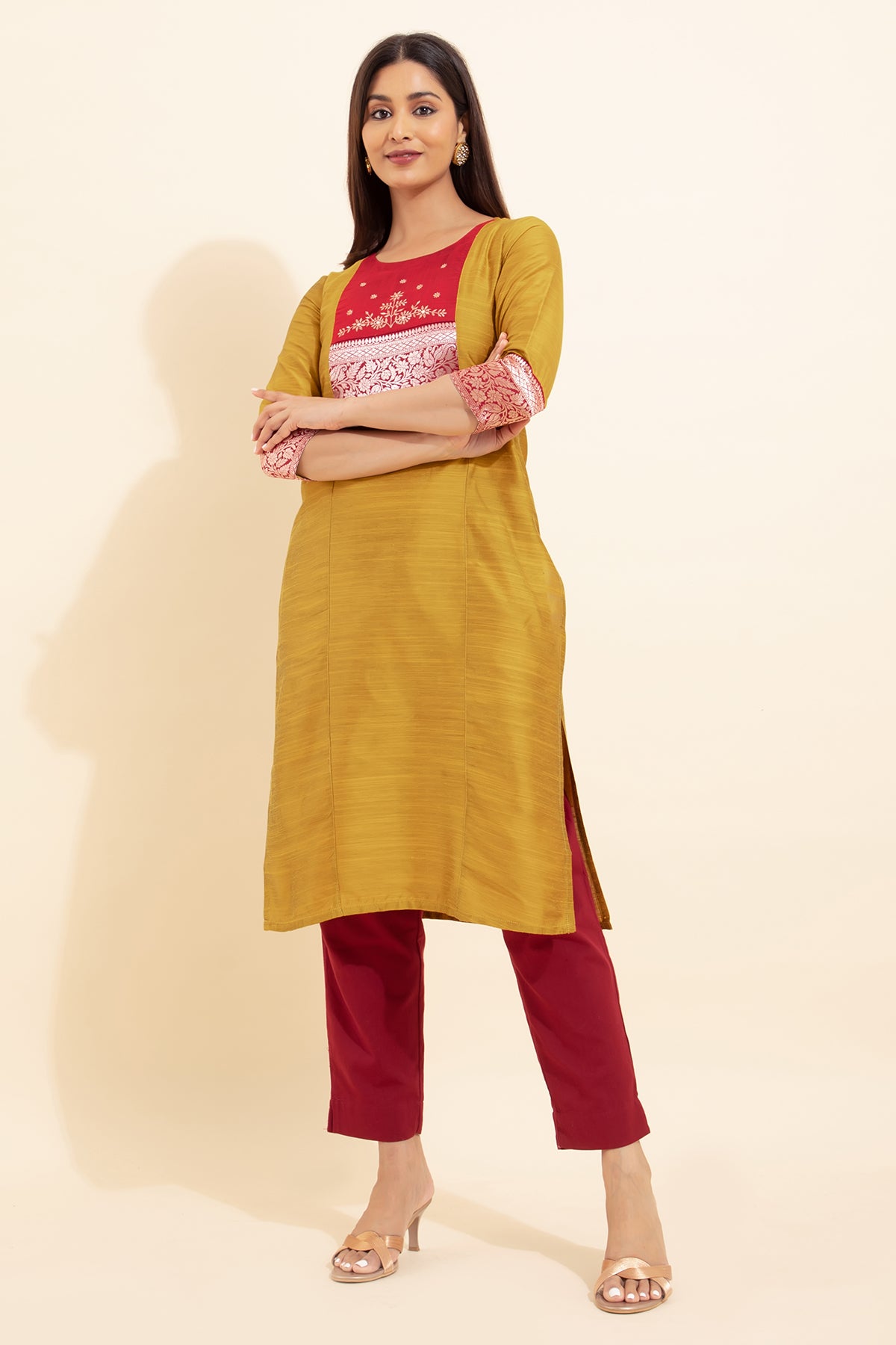 Floral Embroidered Kurta with Zari Border - Mustard