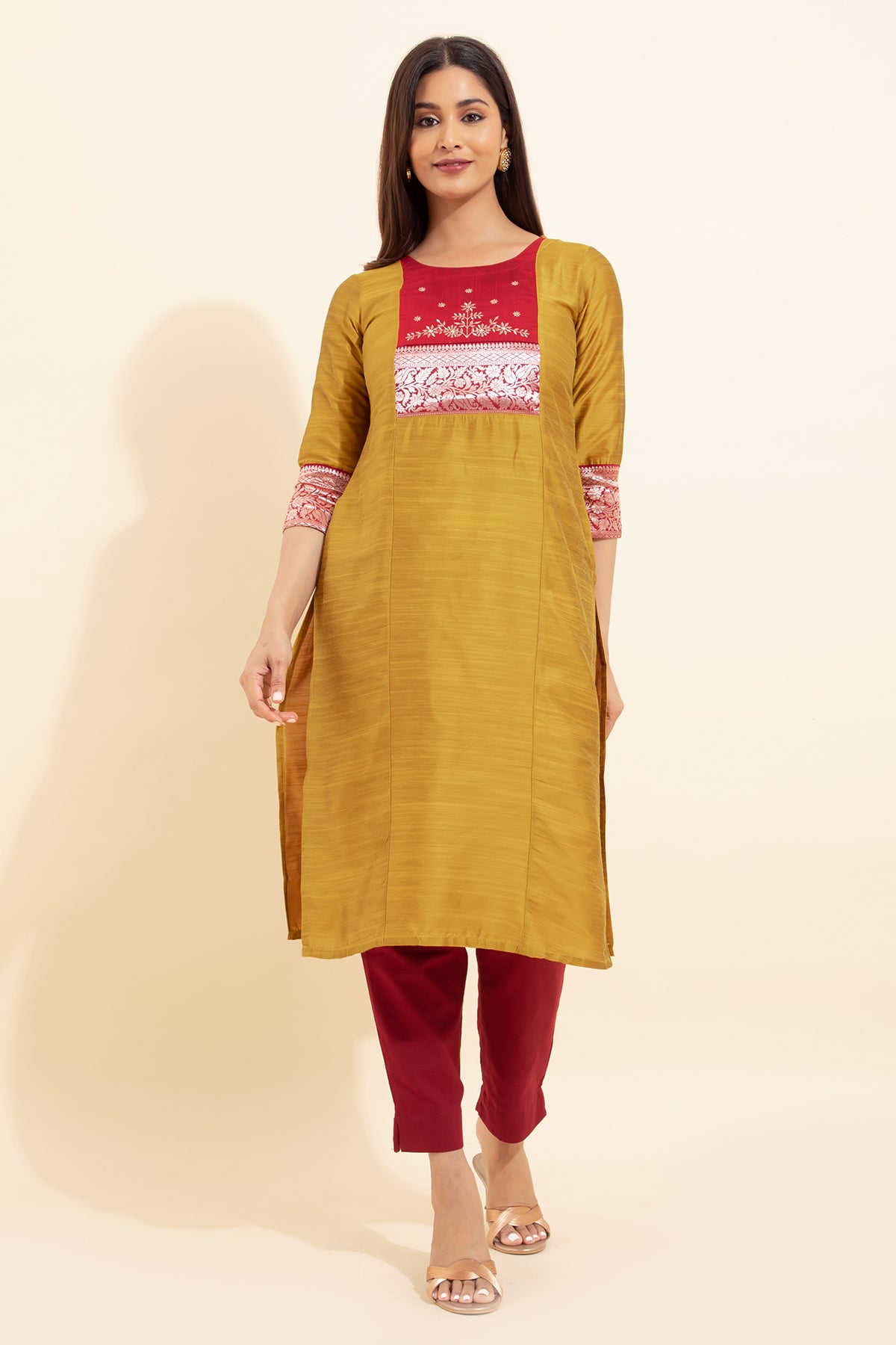 Floral Embroidered Kurta with Zari Border - Mustard