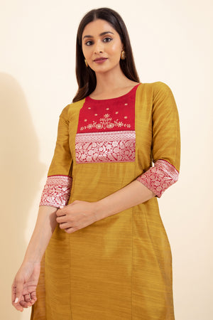 Floral Embroidered Kurta with Zari Border - Mustard