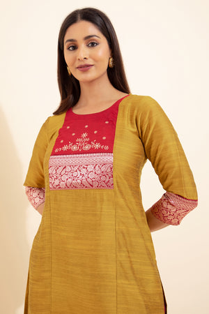 Floral Embroidered Kurta with Zari Border - Mustard