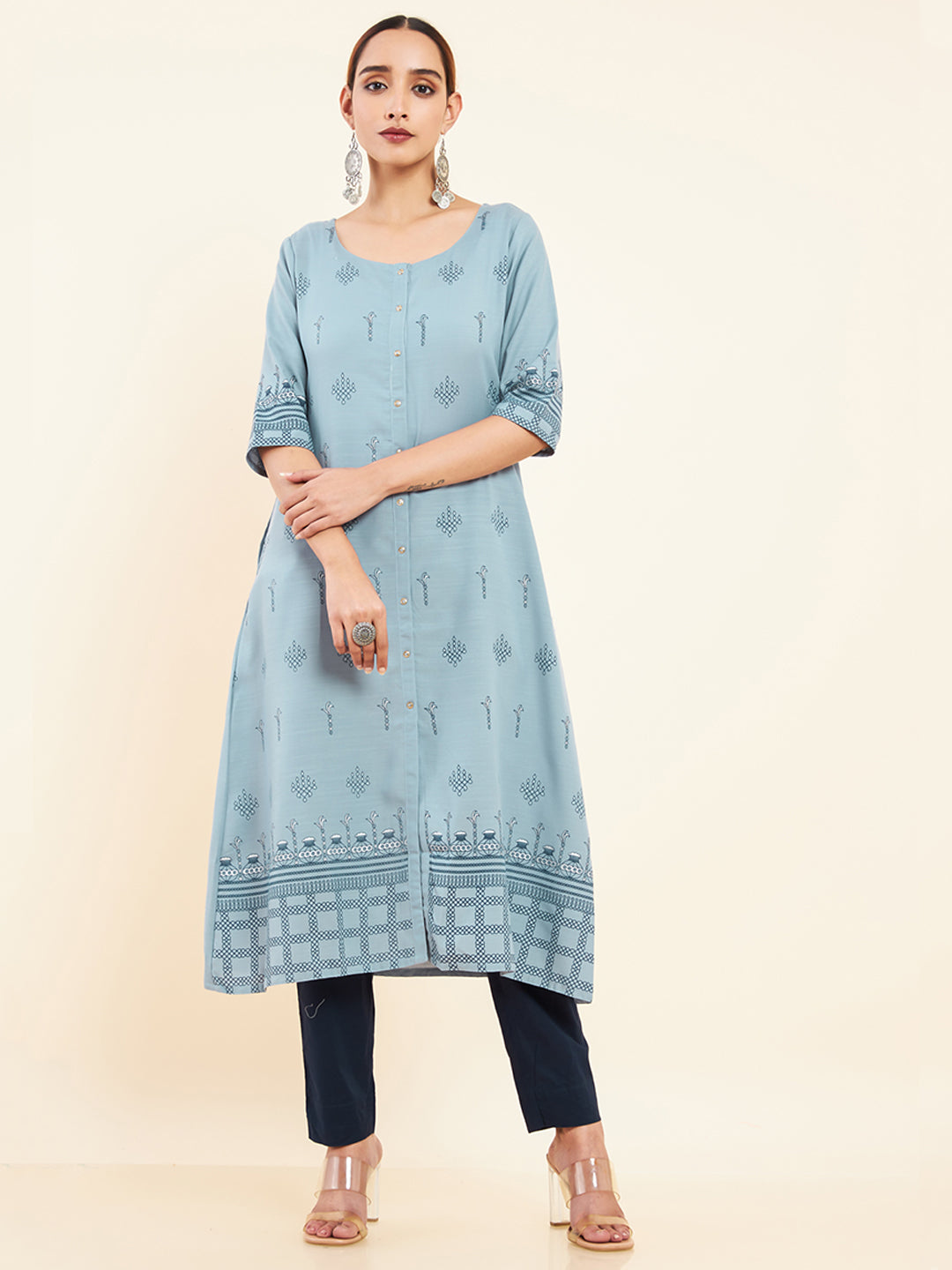 Kolam Printed A Line Kurta Blue