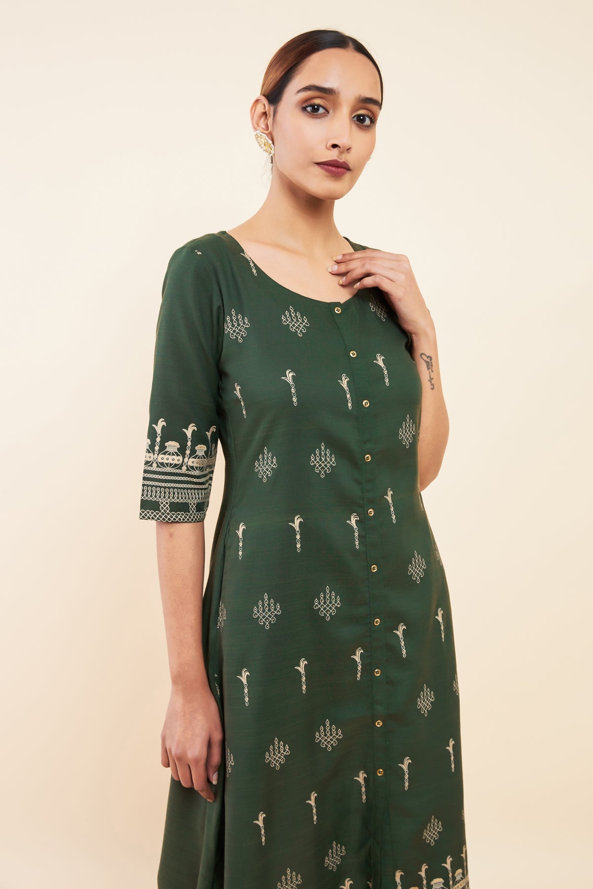 Kolam Printed A Line Kurta Green