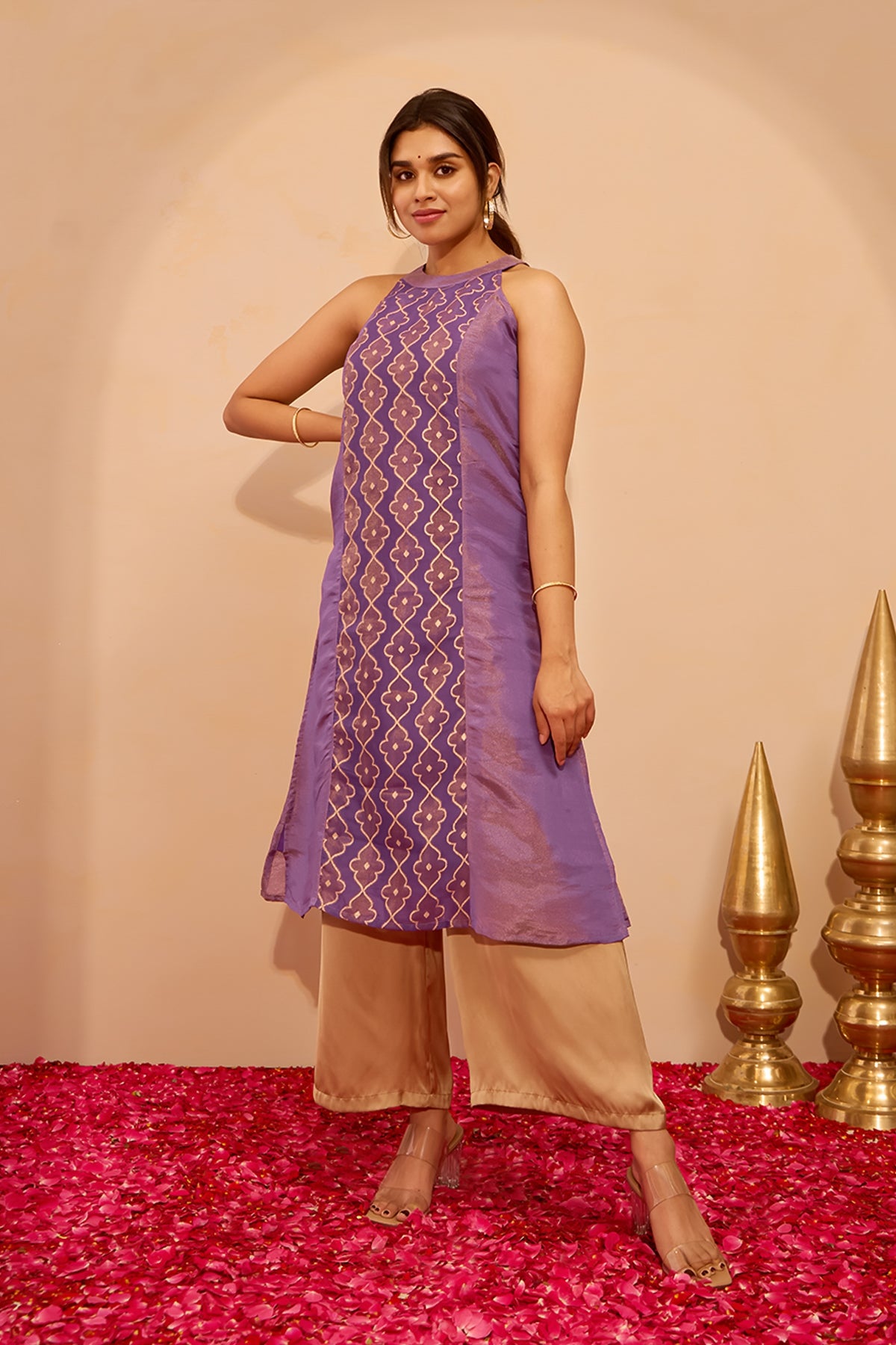 Brocade Patchwork Halter Neck Kurta - Purple
