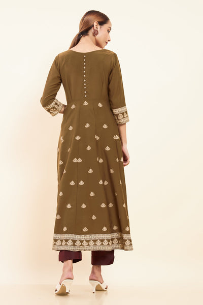 All Over Geometric & Peacock Placement Printed A- Line Kurta - Brown