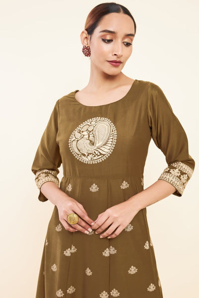 All Over Geometric & Peacock Placement Printed A- Line Kurta - Brown