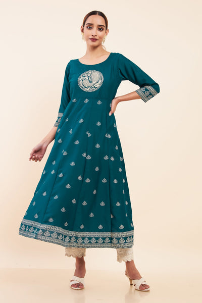 All Over Geometric & Peacock Placement Printed A- Line Kurta - Blue