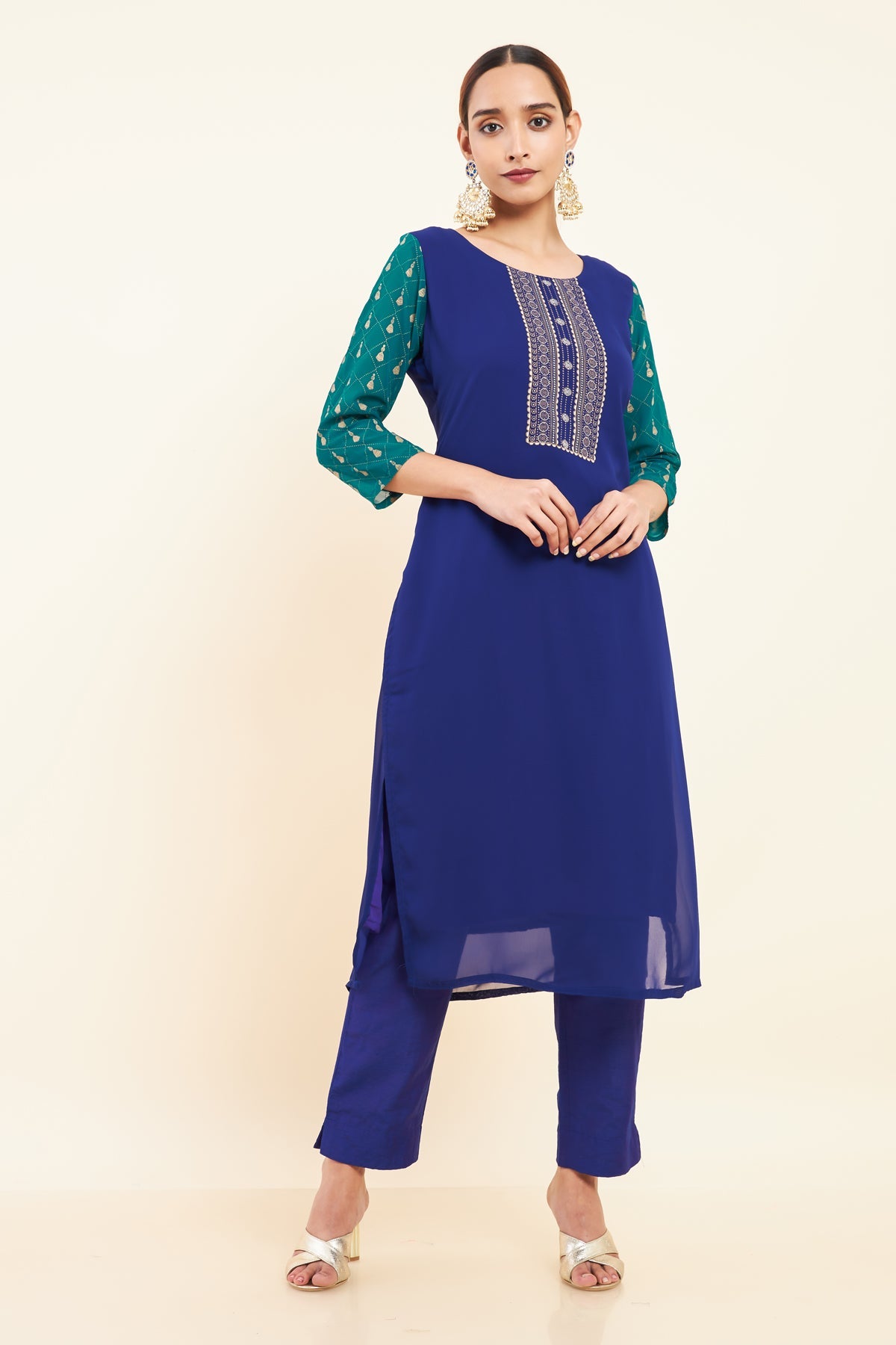 Contrast Geometric Motif Printed Kurta Blue