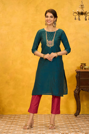 Jewel Inspired Embroidered Kurta - Teal Green