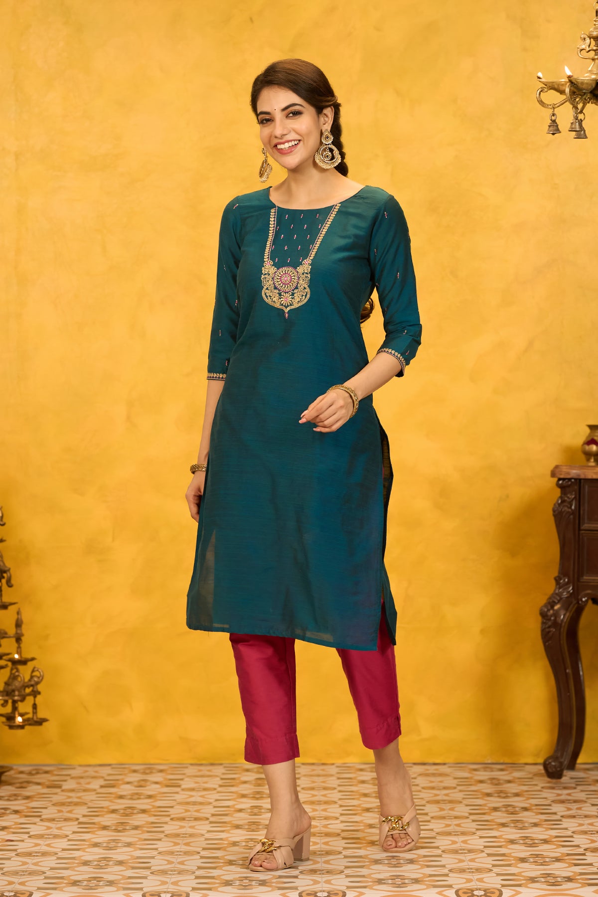 Jewel Inspired Embroidered Kurta - Teal Green