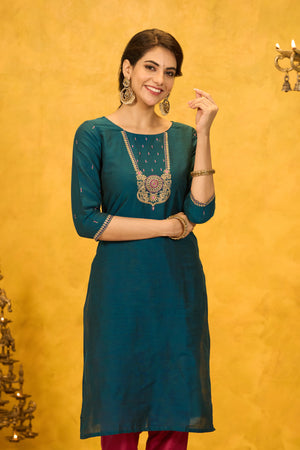 Jewel Inspired Embroidered Kurta - Teal Green