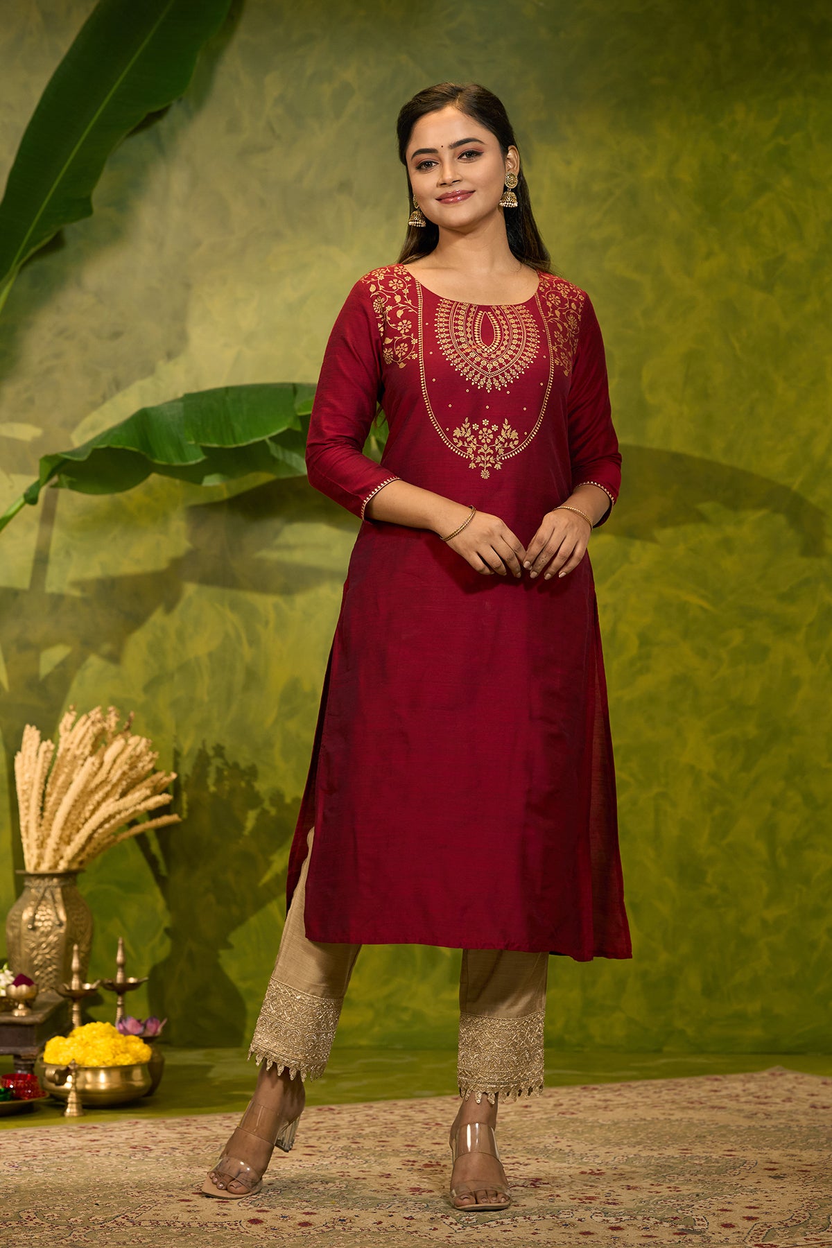 Contemporary Floral Printed Kurta - Red