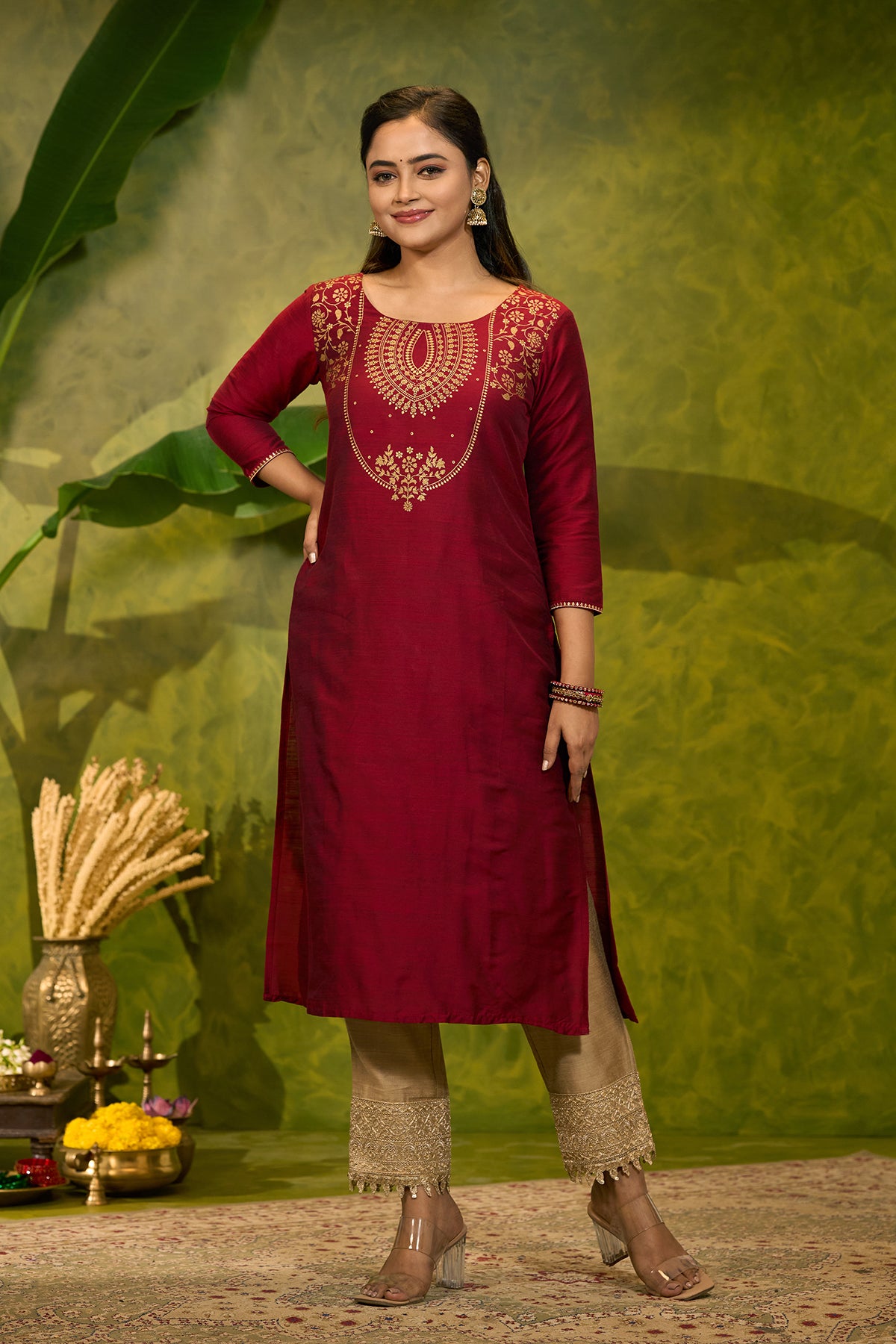 Contemporary Floral Printed Kurta - Red