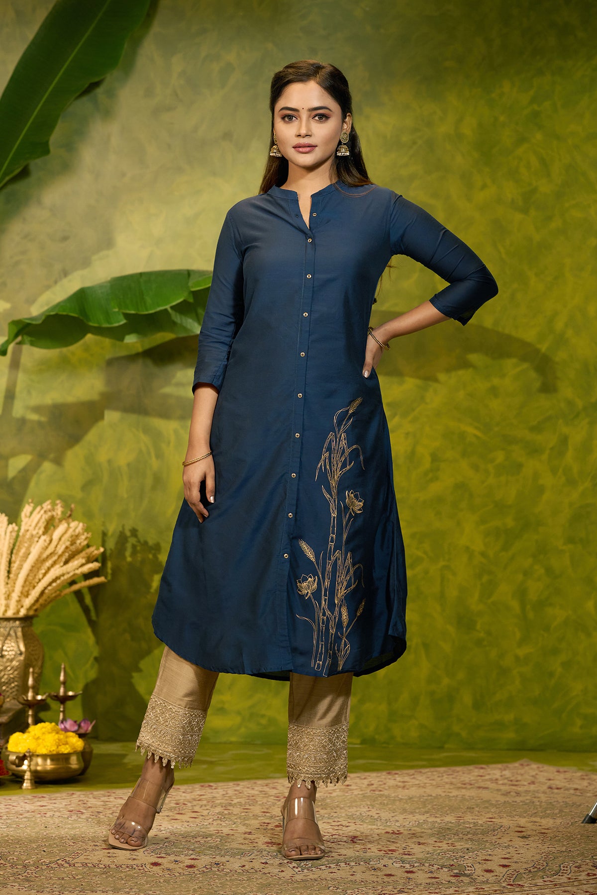 Pongal Inspired Printed Kurta - Navy Blue