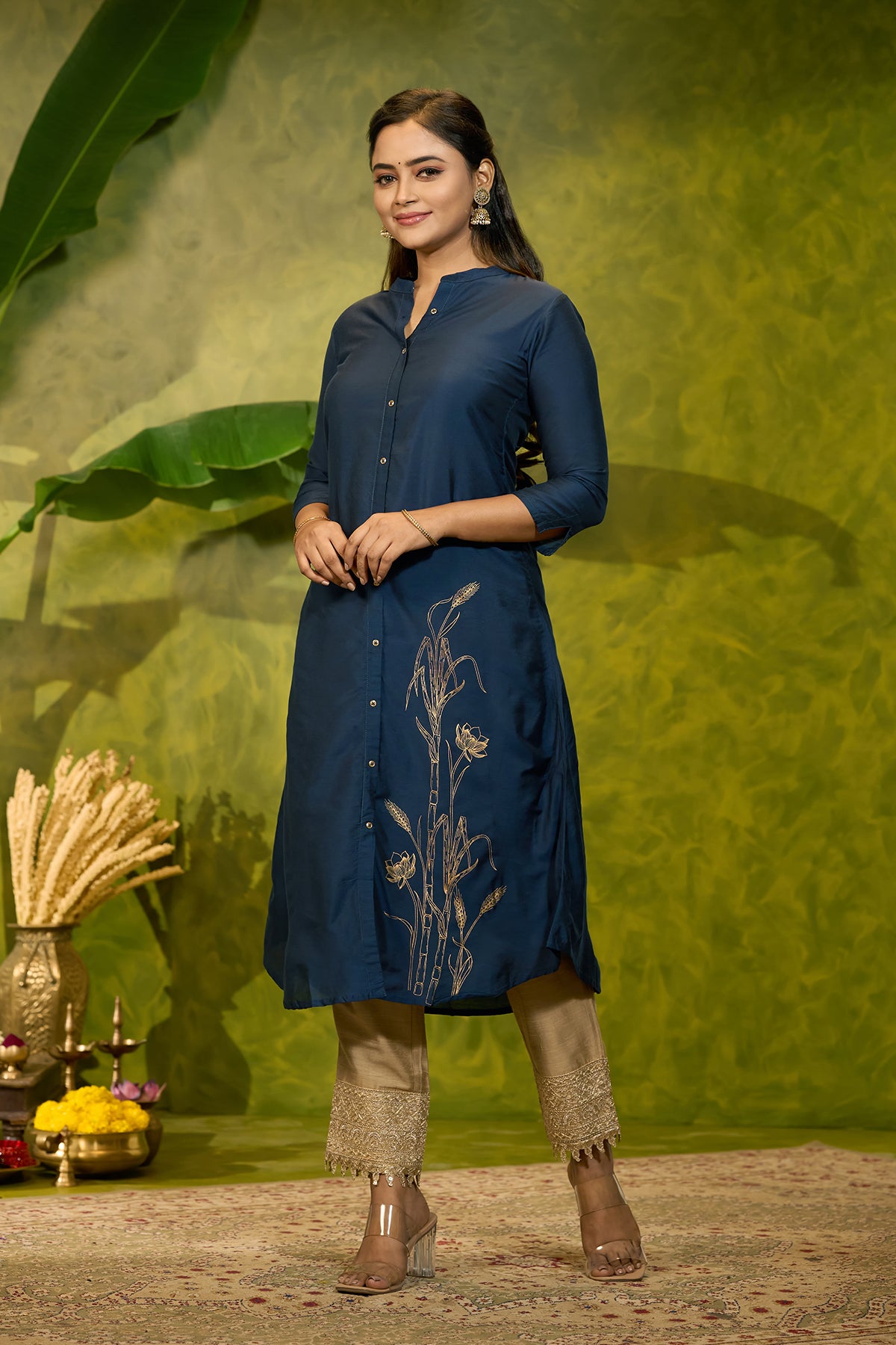 Pongal Inspired Printed Kurta - Navy Blue