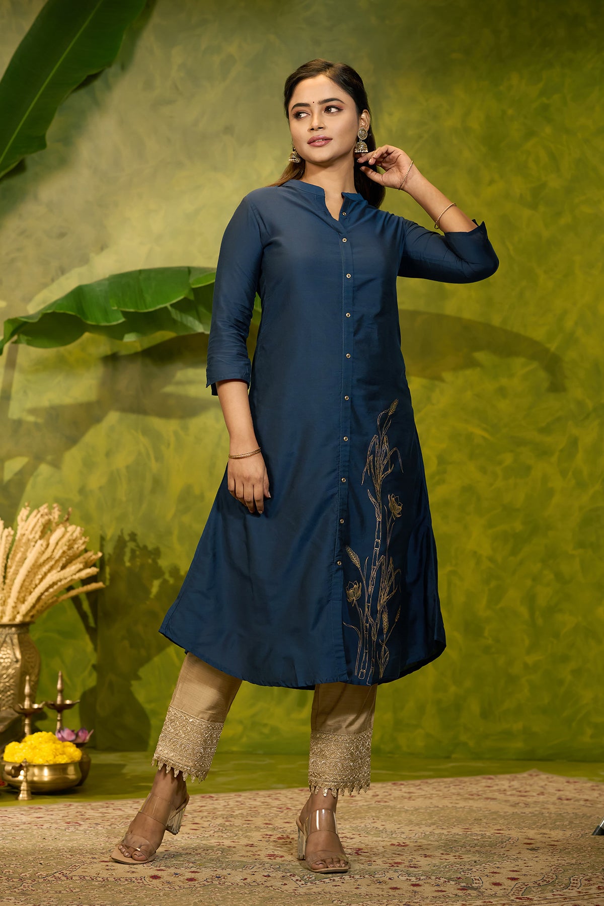 Pongal Inspired Printed Kurta - Navy Blue